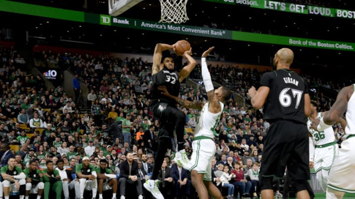 BOSTON, MA - JANUARY 02: Karl-Anthony Towns #32 of the Minnesota Timberwolves shoots the ball against the Boston Celtics on January 02, 2019 at the TD Garden in Boston, Massachusetts. NOTE TO USER: User expressly acknowledges and agrees that, by downloading and or using this photograph, User is consenting to the terms and conditions of the Getty Images License Agreement. Mandatory Copyright Notice: Copyright 2019 NBAE (Photo by Brian Babineau/NBAE via Getty Images)
