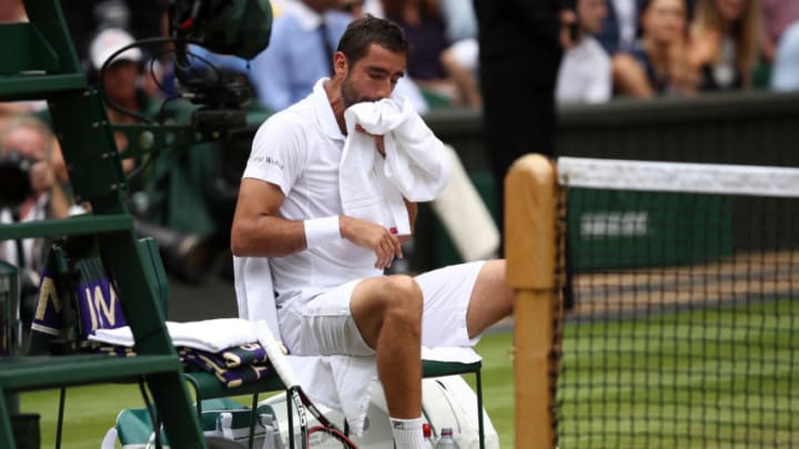 LONDON, ENGLAND - JULY 16: Marin Cilic of Croatia reacts in defeat after the Gentlemen's Singles final against Roger Federer of Switzerland on day thirteen of the Wimbledon Lawn Tennis Championships at the All England Lawn Tennis and Croquet Club at Wimbledon on July 16, 2017 in London, England. (Photo by Julian Finney/Getty Images)