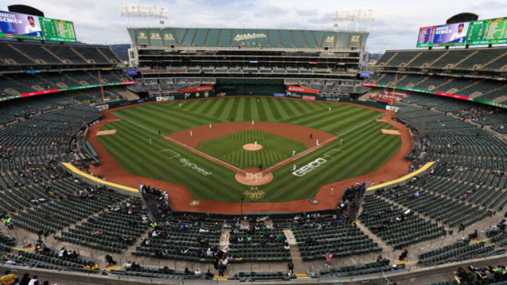 OAKLAND, CALIFORNIA - MAY 26: The Oakland Athletics play the Texas Rangers at a nearly empty RingCentral Coliseum on May 26, 2022 in Oakland, California. Attendance at Oakland Athletics baseball games have dwindled to historic lows as the team has traded away fan favorite players and continues to explore moving the team to Las Vegas if they can't reach a deal to build a new stadium near the Port of Oakland. The Athletics have the lowest attendance of all 30 Major League Baseball (MLB) as well as the league's lowest single game attendance for a May 2nd game that only drew 2,488 fans. (Photo by Justin Sullivan/Getty Images)