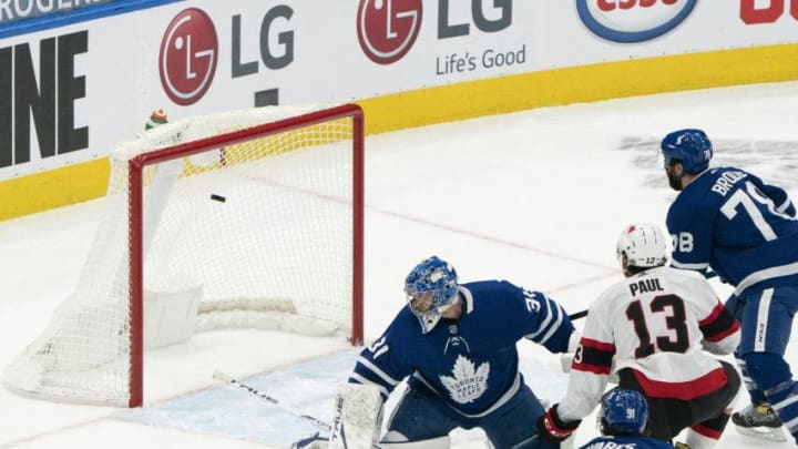 Ottawa Senators left wing Nick Paul (13) scores a goal on Toronto Maple Leafs goaltender Frederik Andersen (31). (Nick Turchiaro/USA TODAY Sports)