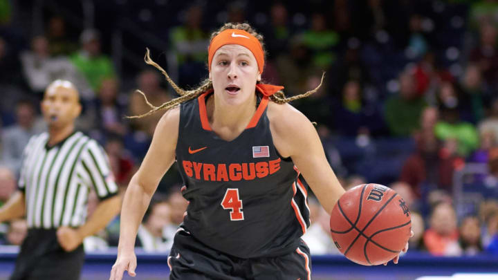 SOUTH BEND, IN – DECEMBER 28: Syracuse Orange guard Tiana Mangakahia (4) dribbles the basketball during the women’s college basketball game between the Syracuse Orange and the Notre Dame Fighting Irish on December 28, 2017, at the Purcell Pavilion in South Bend, IN. (Photo by Robin Alam/Icon Sportswire via Getty Images)