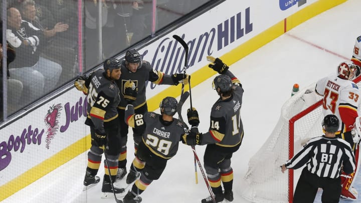 LAS VEGAS, NV – OCTOBER 12: Vegas Golden Knights left wing Tomas Nosek (92) celebrates after scoring a goal during a regular season game between the Calgary Flames and the Vegas Golden Knights Saturday, Oct. 12, 2019, at T-Mobile Arena in Las Vegas, Nevada. (Photo by: Marc Sanchez/Icon Sportswire via Getty Images)