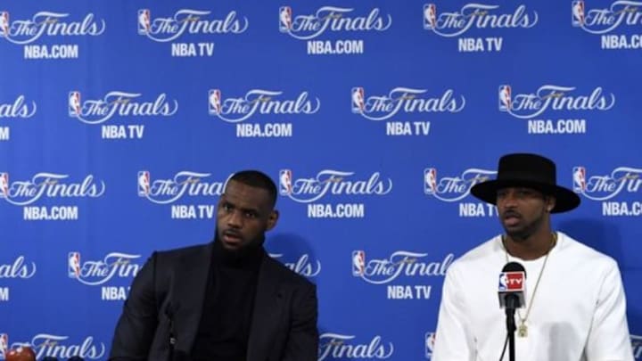 Jun 4, 2015; Oakland, CA, USA; Cleveland Cavaliers forward LeBron James (23) and center Tristan Thompson (13) speaks the media after game one of the NBA Finals against the Golden State Warriors at Oracle Arena. Mandatory Credit: Kyle Terada-USA TODAY Sports