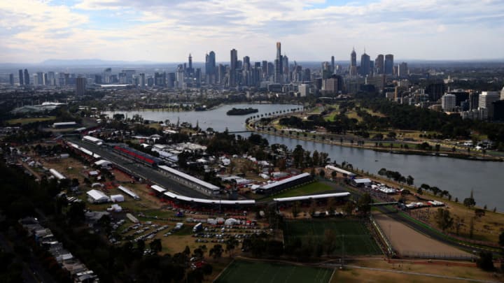 MELBOURNE, AUSTRALIA - MARCH 14: An aerial view of the track including Albert Park Lake during qualifying for the Australian Formula One Grand Prix at Albert Park on March 14, 2015 in Melbourne, Australia. (Photo by Mark Thompson/Getty Images)