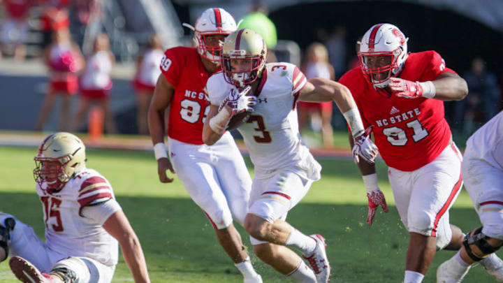 RALEIGH, NC - OCTOBER 29: Boston College wide receiver Michael Walker (3) evades the NC State defense during the second half between the Boston College Eagles and the NC State Wolfpack on October 29, 2016, at Carter-Finley Stadium in Raleigh, NC. The Eagles defeated the Wolfpack 21-14. (Photo by Brian Utesch/Icon Sportswire via Getty Images)