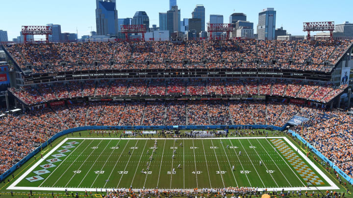 Sep 2, 2023; Nashville, Tennessee, USA; Tennessee Volunteers kicks off after a touchdown during the second half against the Virginia Cavaliers at Nissan Stadium. Mandatory Credit: Christopher Hanewinckel-USA TODAY Sports.