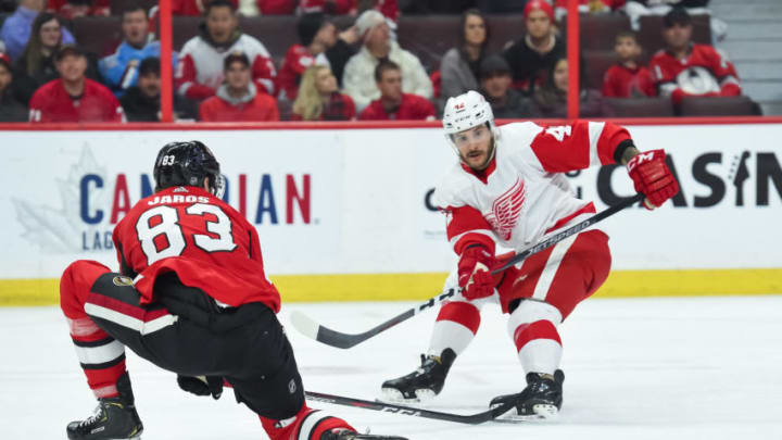 OTTAWA, ON - FEBRUARY 02: Detroit Red Wings Right Wing Martin Frk (42) passes the puck as Ottawa Senators Defenceman Christian Jaros (83) defends during the first period of the NHL game between the Ottawa Senators and the Detroit Red Wings on Feb. 2, 2019 at the Canadian Tire Centre in Ottawa, Ontario, Canada. (Photo by Steven Kingsman/Icon Sportswire via Getty Images)