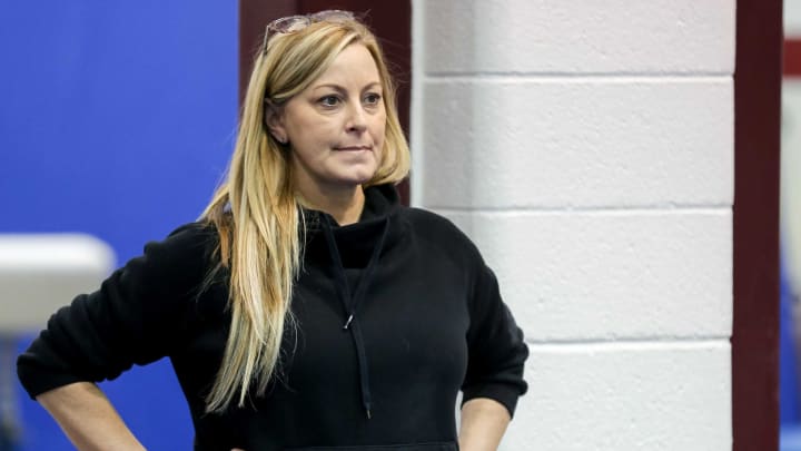 Oklahoma head coach K.J. Kindler watches her gymnasts at a University of Oklahoma (OU) Women’s Gymnastics practice in Norman on Tuesday, Jan. 5, 2023.ougym — cover small or cutout