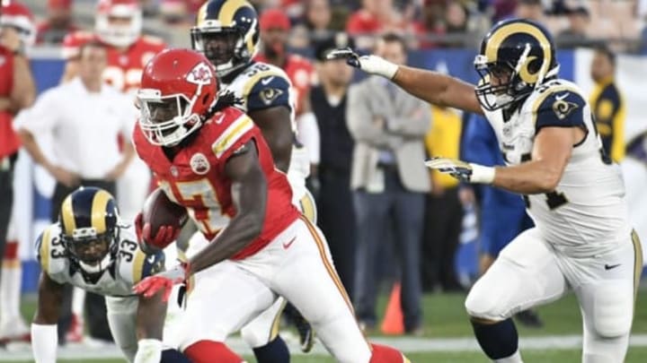 Aug 20, 2016; Los Angeles, CA, USA; Kansas City Chiefs wide receiver Chris Conley (17) runs the ball against the Los Angeles Rams during the second quarter at Los Angeles Memorial Coliseum. Mandatory Credit: Richard Mackson-USA TODAY Sports