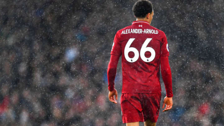 LONDON, ENGLAND - MARCH 17: Trent Alexander-Arnold of Liverpool looks on during the Premier League match between Fulham FC and Liverpool FC at Craven Cottage on March 17, 2019 in London, United Kingdom. (Photo by Michael Regan/Getty Images)