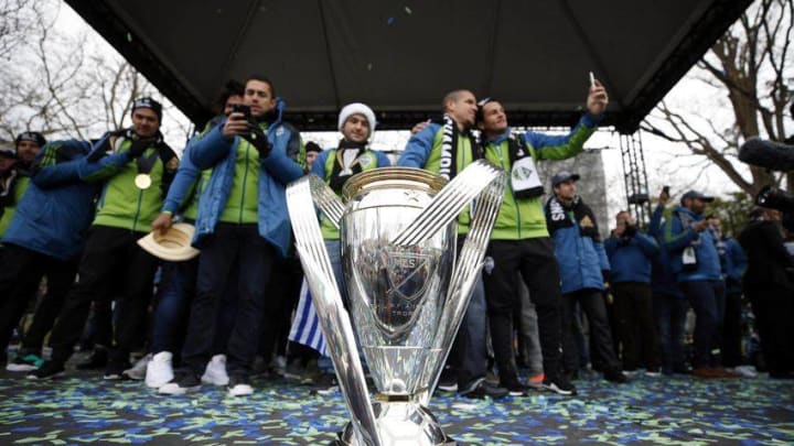 Dec 13, 2016; Seattle, WA, USA; The MLS Cup trophy rests on the stage during a championship rally at Seattle Center. Mandatory Credit: Joe Nicholson-USA TODAY Sports