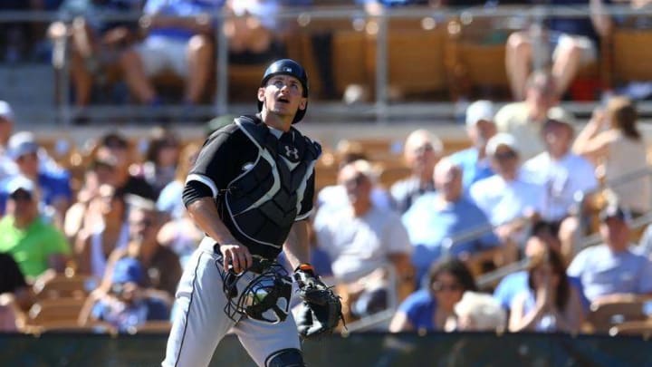 Mar 4, 2015; Phoenix, AZ, USA; Chicago White Sox catcher Rob Brantly against the Los Angeles Dodgers during a spring training baseball game at Camelback Ranch. Mandatory Credit: Mark J. Rebilas-USA TODAY Sports