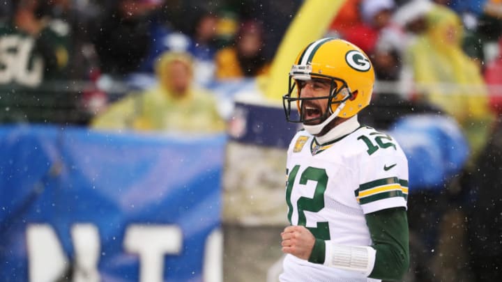 EAST RUTHERFORD, NEW JERSEY - DECEMBER 01: Aaron Rodgers #12 of the Green Bay Packers celebrates a touchdown throw to Allen Lazard #13 against the New York Giants during their game at MetLife Stadium on December 01, 2019 in East Rutherford, New Jersey. (Photo by Al Bello/Getty Images)