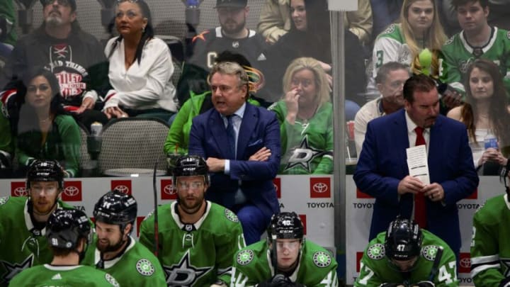 Apr 27, 2022; Dallas, Texas, USA; Dallas Stars head coach calls timeout during the third period against the Arizona Coyotes at the American Airlines Center. Mandatory Credit: Jerome Miron-USA TODAY Sports