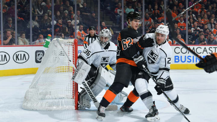 PHILADELPHIA, PA – JANUARY 18: Nicolas Aube-Kubel #62 of the Philadelphia Flyers and Alec Martinez #27 of the Los Angeles Kings battle for position as Jack Campbell #36 of the Los Angeles Kings watches the puck in the second period at Wells Fargo Center on January 18, 2020 in Philadelphia, Pennsylvania. (Photo by Drew Hallowell/Getty Images)