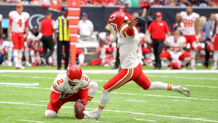 Sep 18, 2016; Houston, TX, USA; Kansas City Chiefs kicker Cairo Santos (5) kicks a 30 yard field goal during the fourth quarter against the Houston Texans at NRG Stadium. Mandatory Credit: Erik Williams-USA TODAY Sports