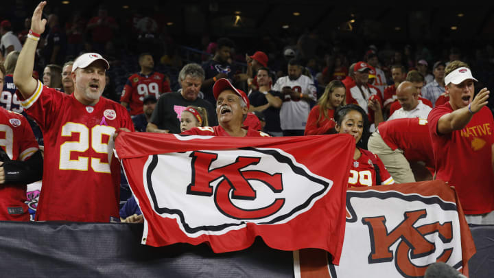 HOUSTON, TX – OCTOBER 08: Kansas City Chiefs fans celebrate in the fourth quarter against the Houston Texans at NRG Stadium on October 8, 2017 in Houston, Texas. (Photo by Tim Warner/Getty Images)