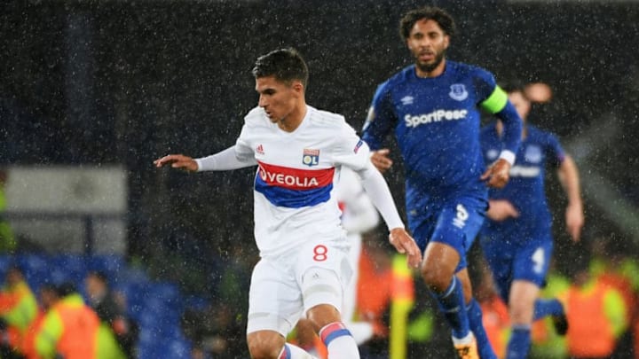 LIVERPOOL, ENGLAND - OCTOBER 19: Houssem Aouar of Lyon runs with the ball during the UEFA Europa League Group E match between Everton FC and Olympique Lyon at Goodison Park on October 19, 2017 in Liverpool, United Kingdom. (Photo by Ross Kinnaird/Getty Images)