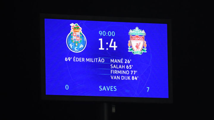 PORTO, PORTUGAL - APRIL 17: The LED screen shows the final score during the UEFA Champions League Quarter Final second leg match between Porto and Liverpool at Estadio do Dragao on April 17, 2019 in Porto, Portugal. (Photo by Matthias Hangst/Getty Images)
