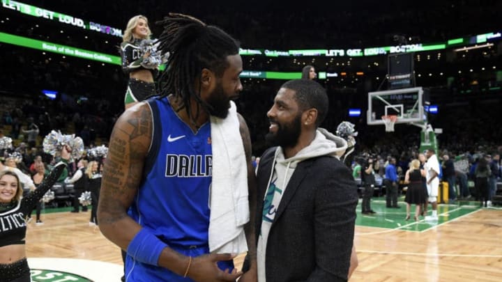 BOSTON, MA - JANUARY 4: DeAndre Jordan #6 of the Dallas Mavericks and Kyrie Irving #11 of the Boston Celtics talk after the game on January 4, 2019 at the TD Garden in Boston, Massachusetts. NOTE TO USER: User expressly acknowledges and agrees that, by downloading and/or using this photograph, user is consenting to the terms and conditions of the Getty Images License Agreement. Mandatory Copyright Notice: Copyright 2019 NBAE (Photo by Brian Babineau/NBAE via Getty Images)