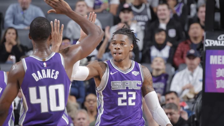SACRAMENTO, CA – OCTOBER 30: Harrison Barnes #40 and Richaun Holmes #22 of the Sacramento Kings high five during the game against the Charlotte Hornets on October 30, 2019 at Golden 1 Center in Sacramento, California. NOTE TO USER: User expressly acknowledges and agrees that, by downloading and or using this photograph, User is consenting to the terms and conditions of the Getty Images Agreement. Mandatory Copyright Notice: Copyright 2019 NBAE (Photo by Rocky Widner/NBAE via Getty Images)