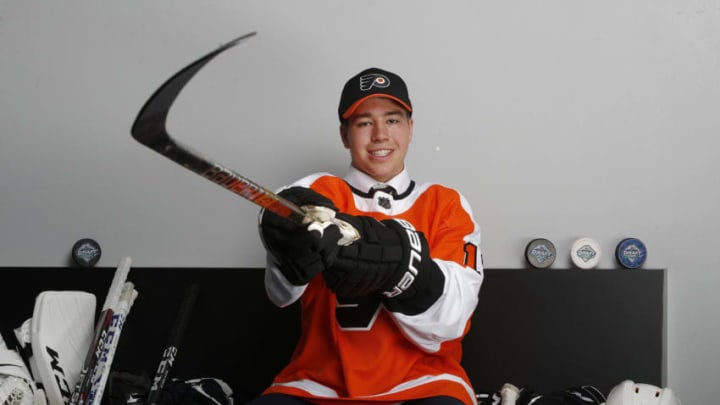 VANCOUVER, BRITISH COLUMBIA - JUNE 22: Bobby Brink poses after being selected 34th overall by the Philadelphia Flyers during the 2019 NHL Draft at Rogers Arena on June 22, 2019 in Vancouver, Canada. (Photo by Kevin Light/Getty Images)