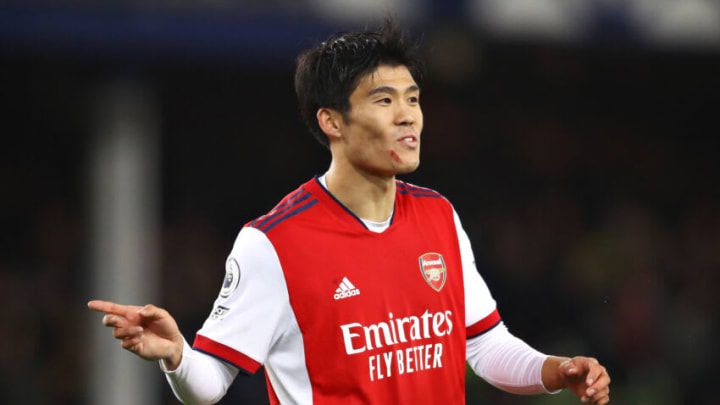 LIVERPOOL, ENGLAND - DECEMBER 06: Takehiro Tomiyasu of Arsenal gestures during the Premier League match between Everton and Arsenal at Goodison Park on December 06, 2021 in Liverpool, England. (Photo by Chris Brunskill/Fantasista/Getty Images)