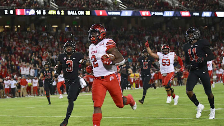PALO ALTO, CA - OCTOBER 06: Zack Moss #2 of the Utah Utes breaks away for a 35 yard touchdow run against the Stanford Cardinal during the second quarter of their NCAA football game at Stanford Stadium on October 6, 2018 in Palo Alto, California. (Photo by Thearon W. Henderson/Getty Images)