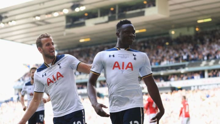 LONDON, ENGLAND - MAY 14: Victor Wanyama of Tottenham Hotspur celebrates scoring his sides first goal with Harry Kane of Tottenham Hotspur during the Premier League match between Tottenham Hotspur and Manchester United at White Hart Lane on May 14, 2017 in London, England. Tottenham Hotspur are playing their last ever home match at White Hart Lane after their 118 year stay at the stadium. Spurs will play at Wembley Stadium next season with a move to a newly built stadium for the 2018-19 campaign. (Photo by Richard Heathcote/Getty Images)