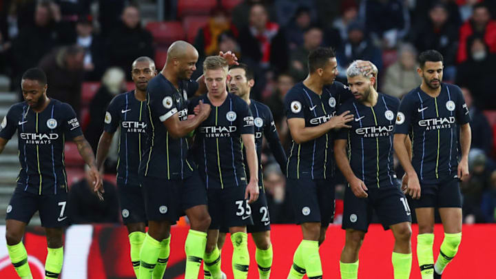 SOUTHAMPTON, ENGLAND - DECEMBER 30: Sergio Aguero of Manchester City (2R) celebrates with team mates as he scores his team's third goal during the Premier League match between Southampton FC and Manchester City at St Mary's Stadium on December 29, 2018 in Southampton, United Kingdom. (Photo by Dan Istitene/Getty Images)