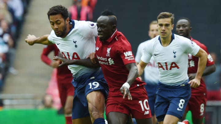 LONDON, ENGLAND - SEPTEMBER 15: (THE SUN OUT, THE SUN ON SUNDAY OUT) Sadio Mane of Liverpool with Mousa Dembele of Tottenham Hotspur during the Premier League match between Tottenham Hotspur and Liverpool FC at Wembley Stadium on September 15, 2018 in London, United Kingdom. (Photo by john Powell/Liverpool FC via Getty Images)