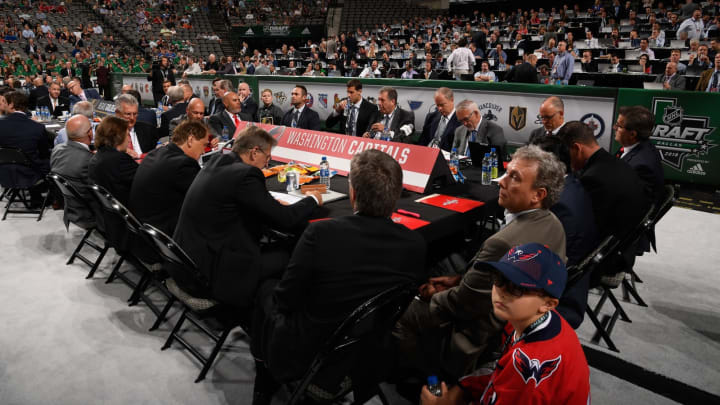 DALLAS, TX – JUNE 22: A general view of the Washington Capitals draft table is seen during the first round of the 2018 NHL Draft at American Airlines Center on June 22, 2018 in Dallas, Texas. (Photo by Brian Babineau/NHLI via Getty Images)