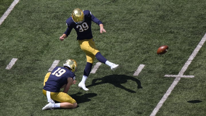 SOUTH BEND, INDIANA – MAY 01: Jonathan Doerer #39 of the Notre Dame Fighting Irish kicks a field goal in the Blue-Gold Spring Game at Notre Dame Stadium on May 01, 2021, in South Bend, Indiana. (Photo by Quinn Harris/Getty Images)