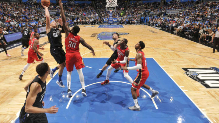 ORLANDO, FL - MARCH 20: Aaron Gordon #00 of the Orlando Magic shoots the ball against the New Orleans Pelicans on March 20, 2019 at Amway Center in Orlando, Florida. NOTE TO USER: User expressly acknowledges and agrees that, by downloading and or using this photograph, User is consenting to the terms and conditions of the Getty Images License Agreement. Mandatory Copyright Notice: Copyright 2019 NBAE (Photo by Fernando Medina/NBAE via Getty Images)