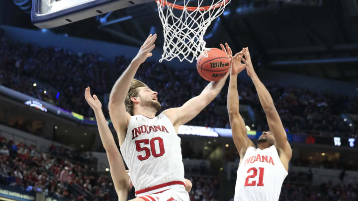 INDIANAPOLIS, INDIANA – DECEMBER 21: Joey Brunk #50 of the Indiana Hoosiers grabs a rebound against the Notre Dame Fighting Irish during the Crossroads Classic at Bankers Life Fieldhouse on December 21, 2019 in Indianapolis, Indiana. (Photo by Andy Lyons/Getty Images)