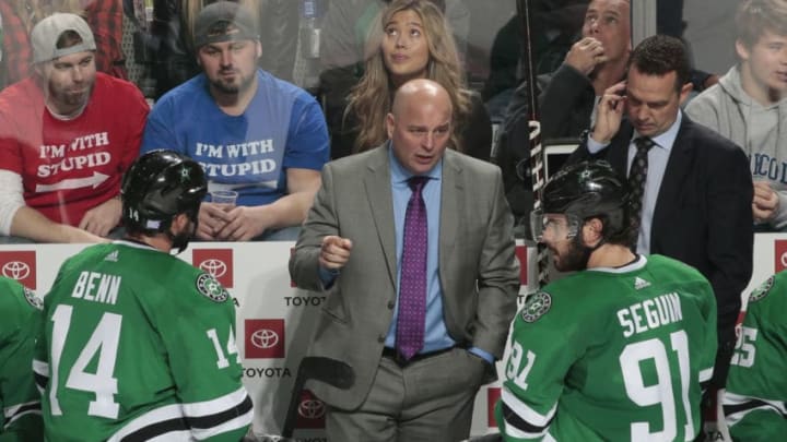 DALLAS, TX - NOVEMBER 16: Jim Montgomery of the Dallas Stars gives instructions to his players on the bench against the Boston Bruins at the American Airlines Center on November 16, 2018 in Dallas, Texas. (Photo by Glenn James/NHLI via Getty Images)