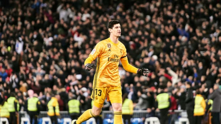 MADRID, SPAIN – NOVEMBER 23: Thibois Courtois of Real Madrid celebrates his team’s first goal during the Liga match between Real Madrid CF and Real Sociedad at Estadio Santiago Bernabeu on November 23, 2019 in Madrid, Spain. (Photo by Sonia Canada/Getty Images)