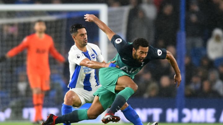 Tottenham midfielder Mousa Dembele is pulled back in the tackle during the Premier League match between Brighton and Hove Albion and Tottenham Hotspur at the American Express Community Stadium, Brighton and Hove on Saturday 22nd September 2018. MI News & Sport LtdTel: +44 7752 571576e-mail: markf@mediaimage.co.ukAddress: 1 Victoria Grove, Stockton on Tees, TS19 7EL (Photo by Jon Bromley/NurPhoto via Getty Images)