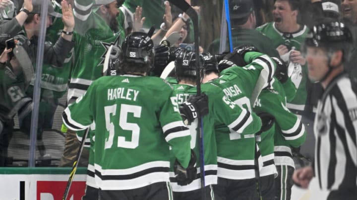 May 25, 2023; Dallas, Texas, USA; The Dallas Stars team celebrates on the ice after center Joe Pavelski (not pictured) scores the game winning goal against the Vegas Golden Knights during the overtime period in game four of the Western Conference Finals of the 2023 Stanley Cup Playoffs at American Airlines Center. Mandatory Credit: Jerome Miron-USA TODAY Sports