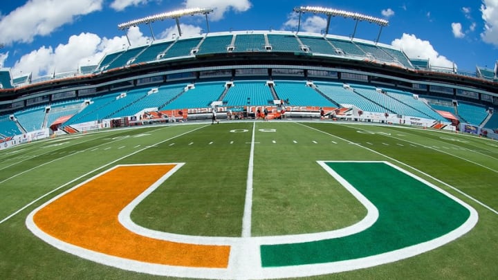 Sep 19, 2015; Miami Gardens, FL, USA; A Miami Hurricanes logo is seen on the field before a game between the Nebraska Cornhuskers at Sun Life Stadium. Mandatory Credit: Steve Mitchell-USA TODAY Sports