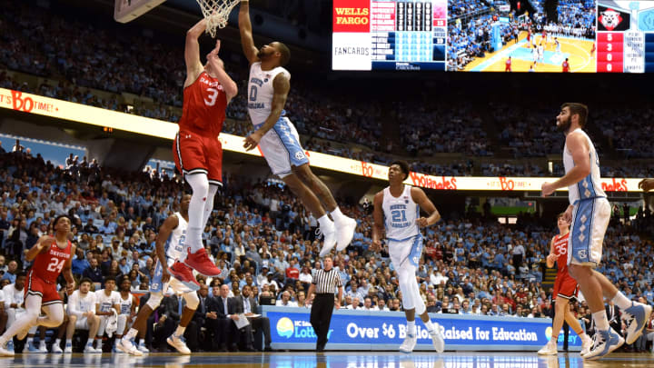 CHAPEL HILL, NC – DECEMBER 29: Seventh Woods #0 of the North Carolina Tar Heels blocks a shot by Jon Axel Gudmundsson #3 of the Davidson Wildcats in the first half at Dean Smith Center on December 29, 2018 in Chapel Hill, North Carolina. (Photo by Lance King/Getty Images)