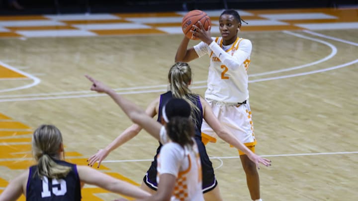 Dec 28, 2020; Knoxville, Tennessee, USA; Tennessee Lady Vols guard Destiny Salary (2) looks to pass the ball against the Lipscomb Lady Bisons during the second half at Thompson-Boling Arena. Mandatory Credit: Randy Sartin-USA TODAY Sports