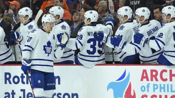 Apr 7, 2016; Philadelphia, PA, USA; Toronto Maple Leafs right wing Michael Grabner (40) celebrates his goal against the Philadelphia Flyers during the second period at Wells Fargo Center. Mandatory Credit: Eric Hartline-USA TODAY Sports