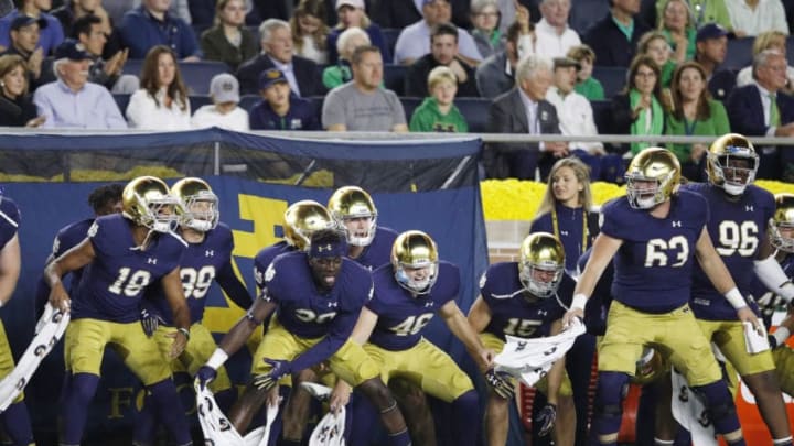 SOUTH BEND, IN - OCTOBER 21: Notre Dame Fighting Irish players react on the sideline in the first quarter of a game against the USC Trojans at Notre Dame Stadium on October 21, 2017 in South Bend, Indiana. (Photo by Joe Robbins/Getty Images)
