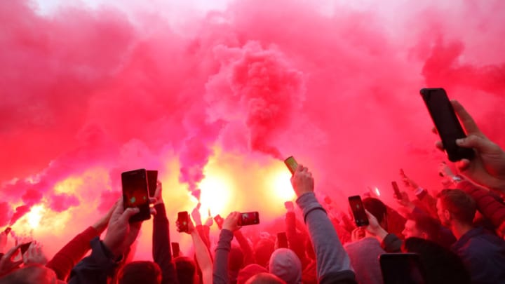 LIVERPOOL, ENGLAND - MAY 07: Fans of Liverpool enjoy the pre match atmosphere with flares prior to the UEFA Champions League Semi Final second leg match between Liverpool and Barcelona at Anfield on May 07, 2019 in Liverpool, England. (Photo by Clive Brunskill/Getty Images)