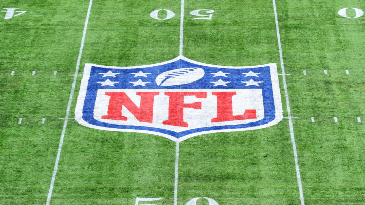 LONDON, ENGLAND - OCTOBER 13: Detailed view of the NFL logo on the pitch during the NFL match between the Carolina Panthers and Tampa Bay Buccaneers at Tottenham Hotspur Stadium on October 13, 2019 in London, England. (Photo by Alex Burstow/Getty Images)