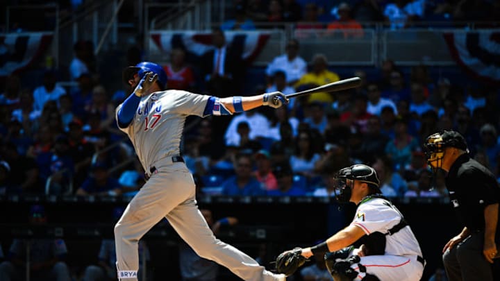 FanDuel MLB: MIAMI, FL - MARCH 29: Kris Bryant #17 of the Chicago Cubs attempts a hit in the sixth inning during the Opening Day against the Miami Marlins at Marlins Park on March 29, 2018 in Miami, Florida. (Photo by Mark Brown/Getty Images)