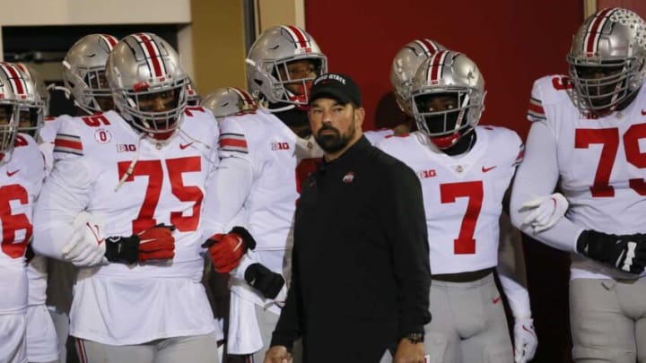 Ohio State Buckeyes head coach Ryan Day prepares to lead his team onto the field prior the NCAA football game against the Indiana Hoosiers at Memorial Stadium in Bloomington, Ind. on Saturday, Oct. 23, 2021.Ohio State Buckeyes At Indiana Hoosiers