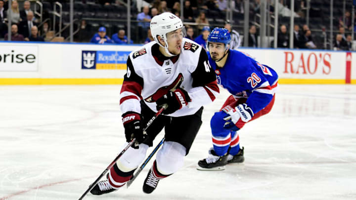 NEW YORK, NEW YORK - OCTOBER 22: Ilya Lyubushkin #46 of the Arizona Coyotes controls the puck during their game against the New York Rangers at Madison Square Garden on October 22, 2019 in New York City. (Photo by Emilee Chinn/Getty Images)