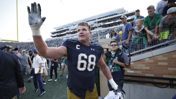 SOUTH BEND, IN – SEPTEMBER 02: Mike McGlinchey #68 of the Notre Dame Fighting Irish celebrates as he leaves the field following a game against the Temple Owls at Notre Dame Stadium on September 2, 2017 in South Bend, Indiana. The Irish won 49-16. (Photo by Joe Robbins/Getty Images)